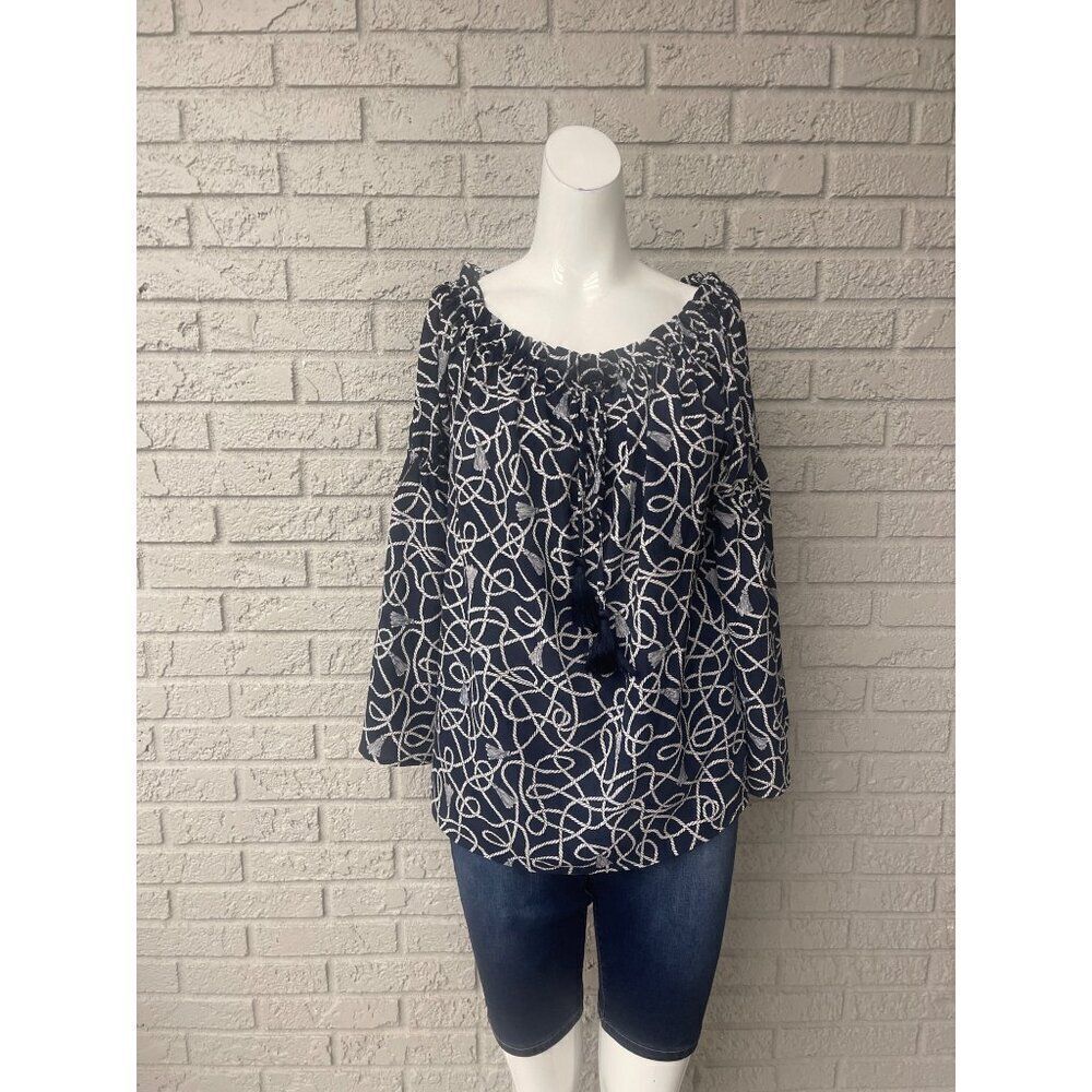 Michael Kors Women Navy Blue White Rope Print Off Shoulder Blouse Size L